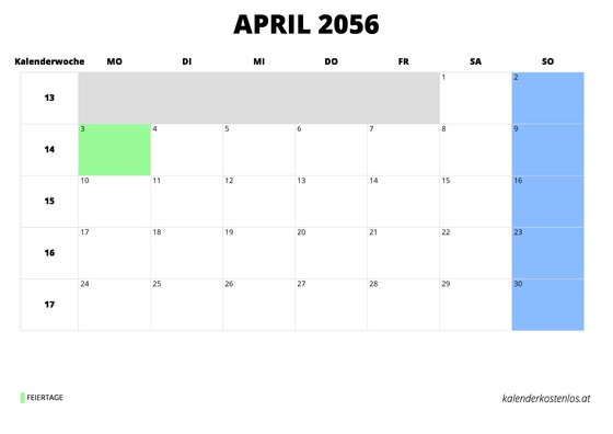 Kalender April 2056 im Querformat