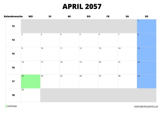 Kalender April 2057 Kalender April 2057 im Querformat