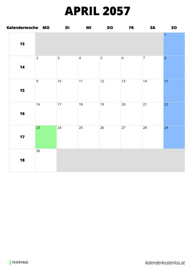 Kalender April 2057 Kalender April 2057 im Hochformat