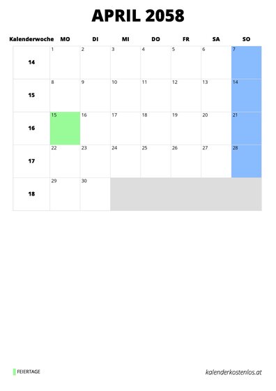 Kalender April 2058 im Hochformat