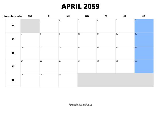 Kalender April 2059 Kalender April 2059 im Querformat