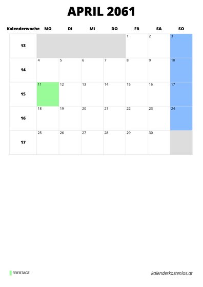 Kalender April 2061 im Hochformat