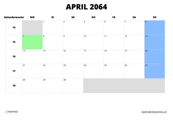 Kalender April 2064 Kalender April 2064 im Querformat