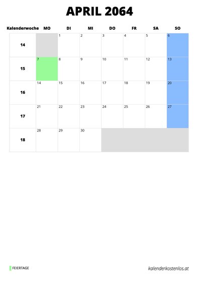 Kalender April 2064 Kalender April 2064 im Hochformat