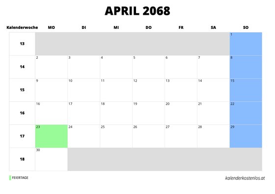Kalender April 2068 Kalender April 2068 im Querformat