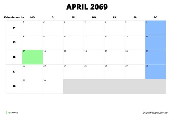 Kalender April 2069 im Querformat