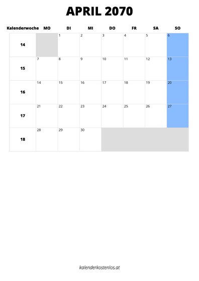 Kalender April 2070 Kalender April 2070 im Hochformat