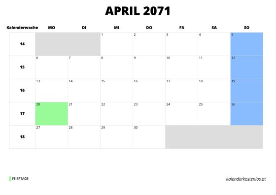 Kalender April 2071 Kalender April 2071 im Querformat