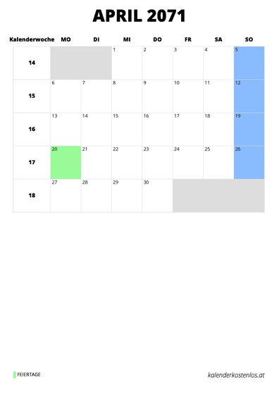 Kalender April 2071 Kalender April 2071 im Hochformat