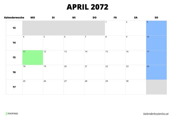 Kalender April 2072 Kalender April 2072 im Querformat