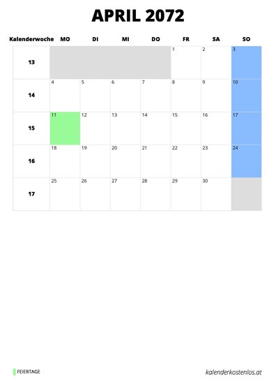 Kalender April 2072 Kalender April 2072 im Hochformat