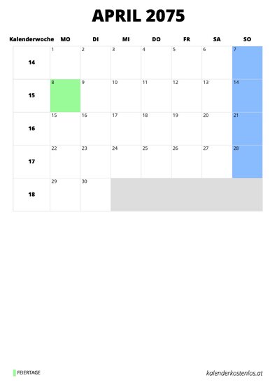 Kalender April 2075 Kalender April 2075 im Hochformat