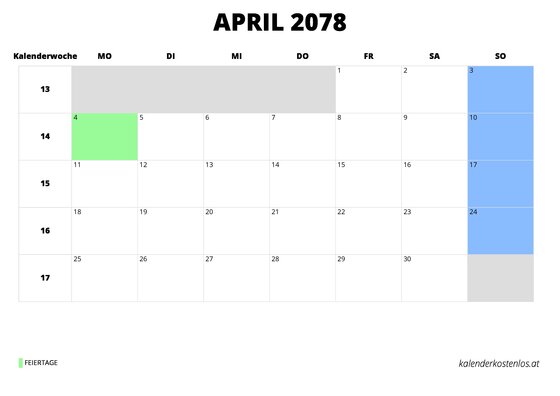 Kalender April 2078 Kalender April 2078 im Querformat