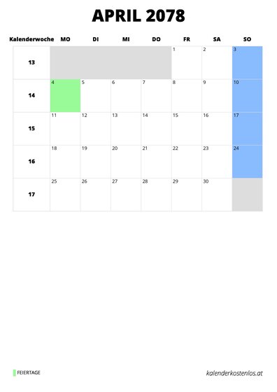 Kalender April 2078 Kalender April 2078 im Hochformat