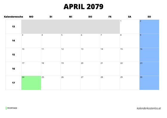Kalender April 2079 Kalender April 2079 im Querformat