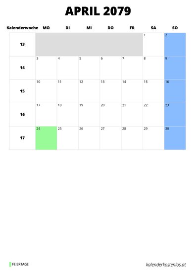 Kalender April 2079 Kalender April 2079 im Hochformat