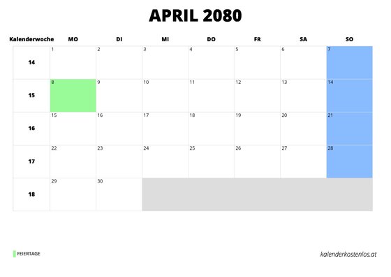 Kalender April 2080 im Querformat