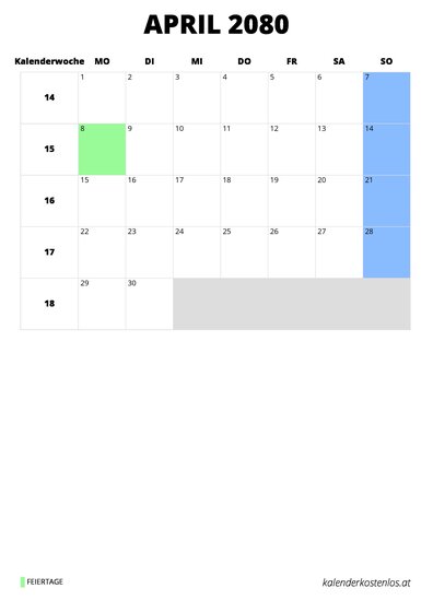 Kalender April 2080 im Hochformat