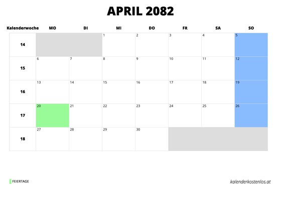 Kalender April 2082 im Querformat