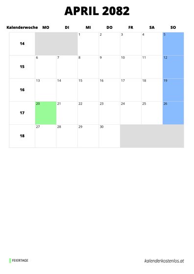 Kalender April 2082 im Hochformat