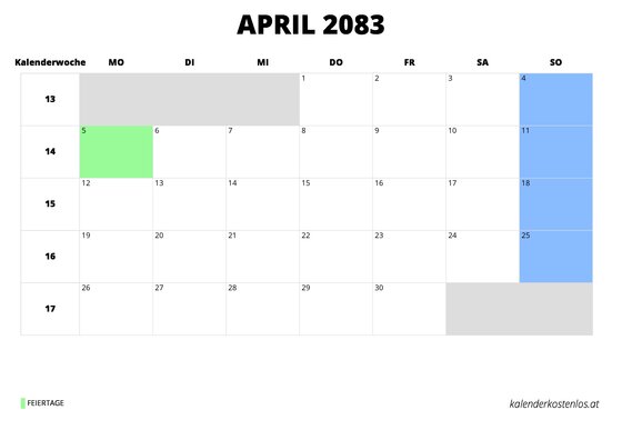 Kalender April 2083 Kalender April 2083 im Querformat