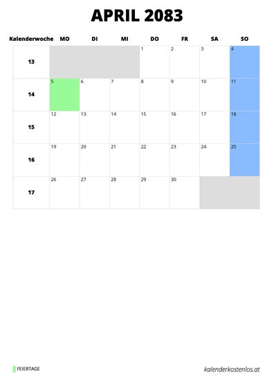 Kalender April 2083 Kalender April 2083 im Hochformat