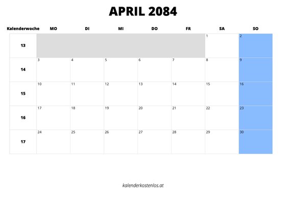 Kalender April 2084 Kalender April 2084 im Querformat
