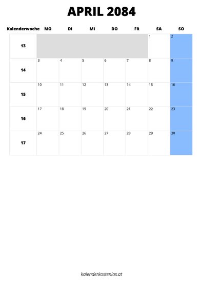 Kalender April 2084 Kalender April 2084 im Hochformat