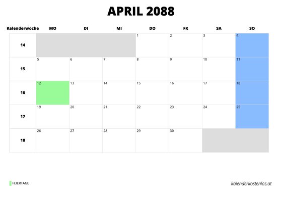 Kalender April 2088 im Querformat