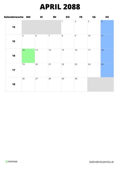 Kalender April 2088 im Hochformat