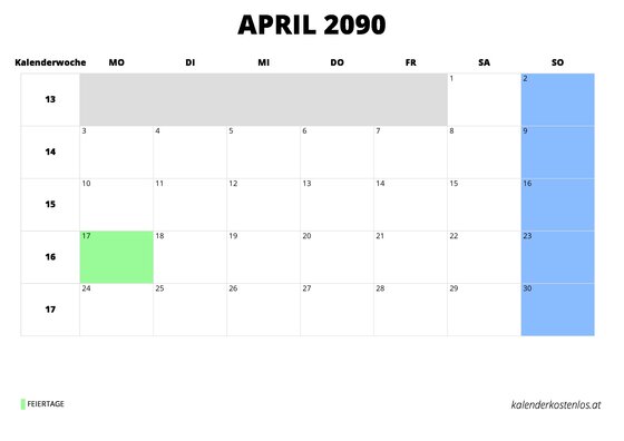 Kalender April 2090 Kalender April 2090 im Querformat