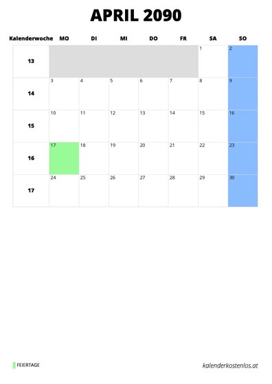 Kalender April 2090 Kalender April 2090 im Hochformat