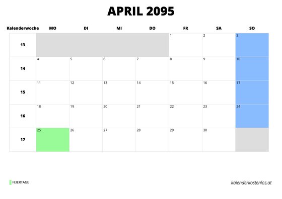 Kalender April 2095 Kalender April 2095 im Querformat