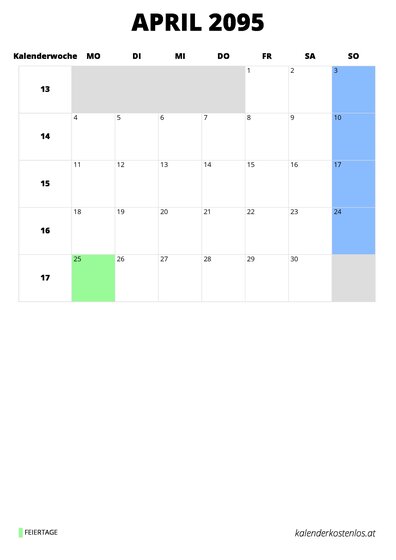 Kalender April 2095 Kalender April 2095 im Hochformat