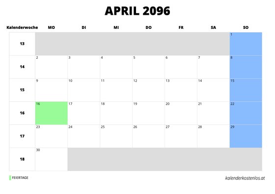 Kalender April 2096 Kalender April 2096 im Querformat
