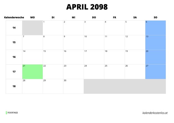 Kalender April 2098 im Querformat