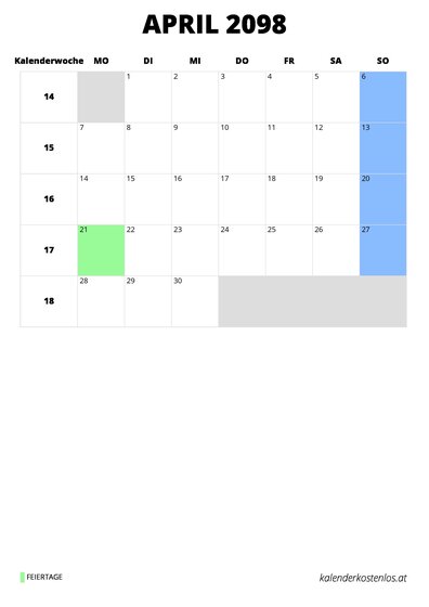 Kalender April 2098 im Hochformat
