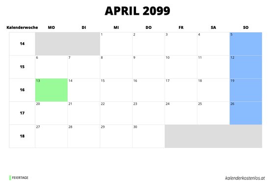 Kalender April 2099 im Querformat