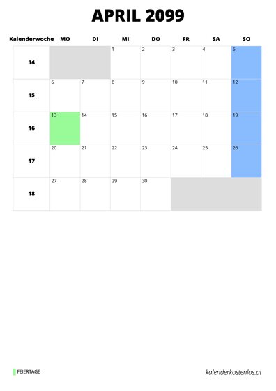 Kalender April 2099 im Hochformat