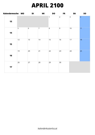 Kalender April 2100 Kalender April 2100 im Hochformat