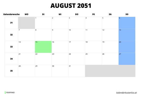 Kalender August 2051 im Querformat