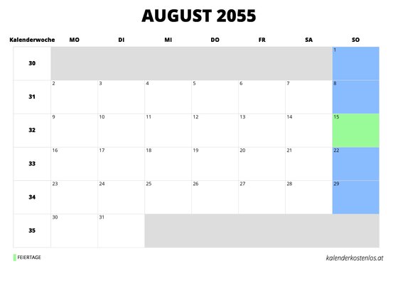 Kalender August 2055 im Querformat