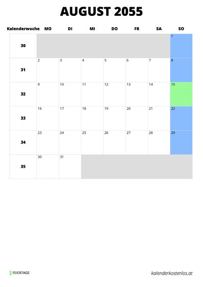 Kalender August 2055 im Hochformat