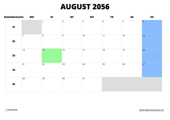 Kalender August 2056 Kalender August 2056 im Querformat