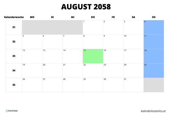 Kalender August 2058 im Querformat