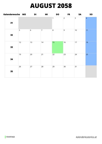 Kalender August 2058 im Hochformat