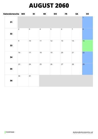 Kalender August 2060 Kalender August 2060 im Hochformat