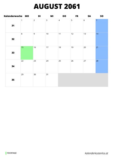 Kalender August 2061 im Hochformat