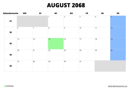 Kalender August 2068 Kalender August 2068 im Querformat