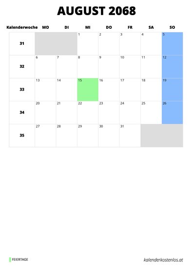 Kalender August 2068 Kalender August 2068 im Hochformat